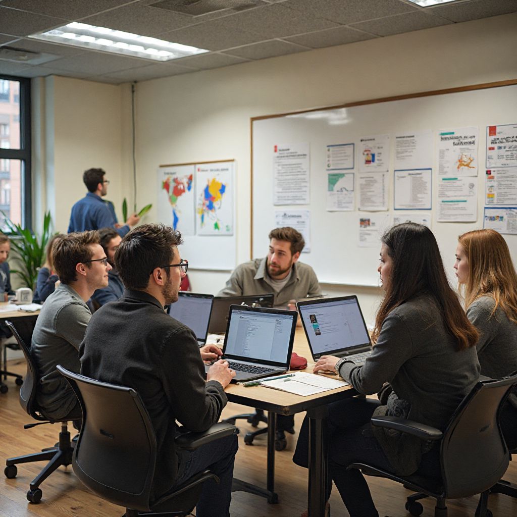 Team discussing game merits in a cozy office